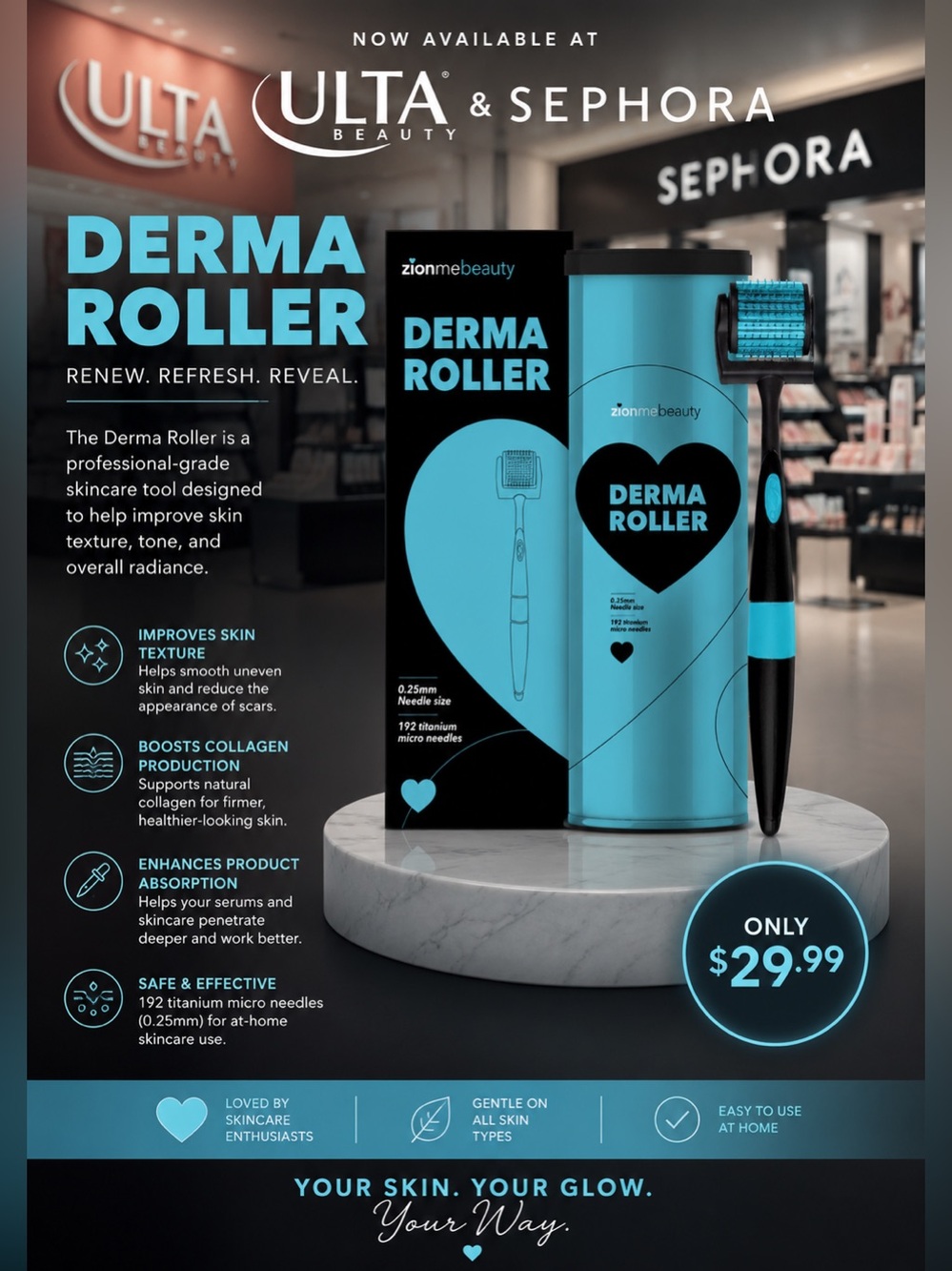 Sephora Bright Cyan Derma Roller with Matching Case